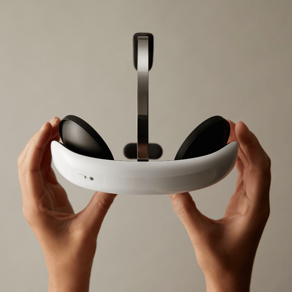 Hands holding the white Flow tDCS headset